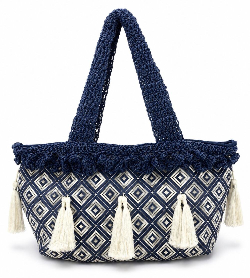 IL GIARDINO DI PIPPO Blue White Woven Tote Bag Tassel Macrame Handles Large - Picture 2 of 10
